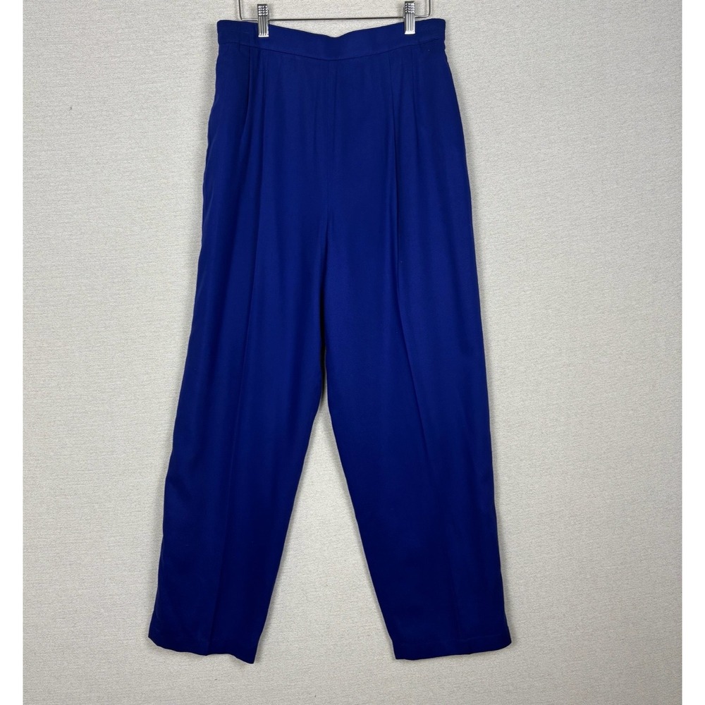 Vtg 90s Trousers Womens 10 Royal Blue Linen‎ Blend Pleated Cuffed Baggy Chic